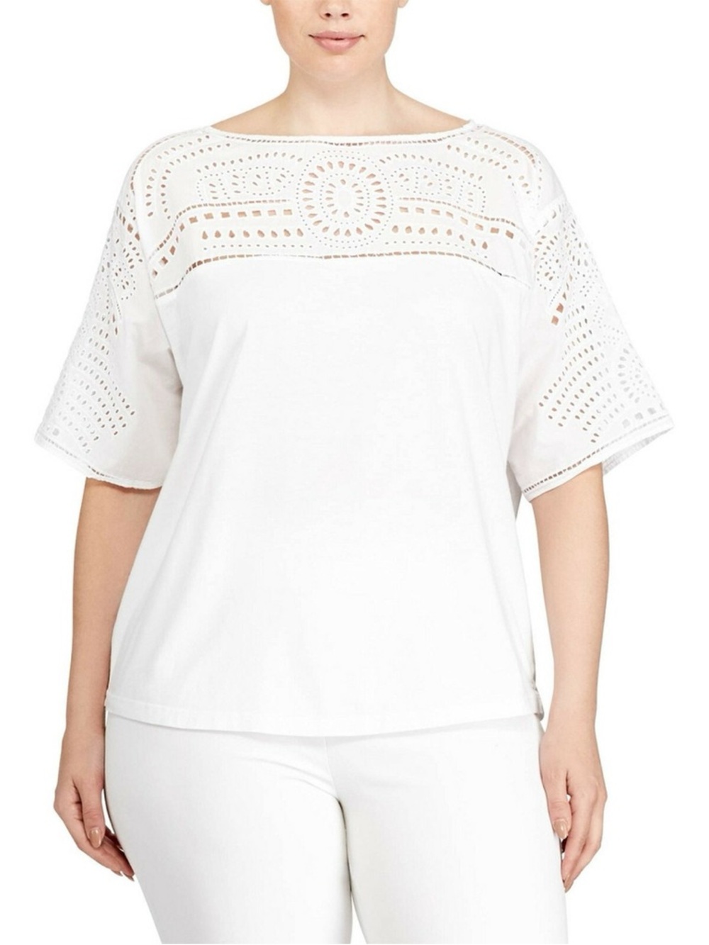 Ralph Lauren White Eyelet Lace Yoke Short Sleeve Top. Small